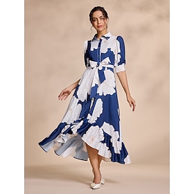 Blue Floral Print Ruffle Elegant Maxi Dress