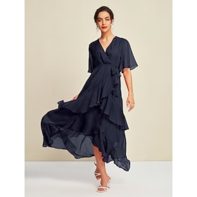 Chiffon Solid Wedding Guest Mismatched Ruffle Sleeve Maxi Dress