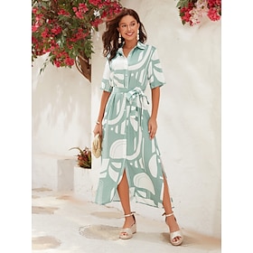 Satin Geometric Belted Short Sleeve Maxi Dress