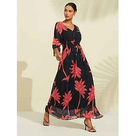 Women's Print Dress Maxi Dress Black 3/4 Length Sleeve Leaf Printing Flower / Plants Printing Spring Summer V Neck Beach S M L