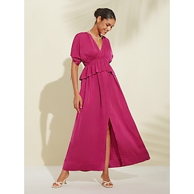 Women's Satin Special Occasion Fuchsia V-Neck Puff Sleeve Drawstring Maxi Wedding Guest Dress