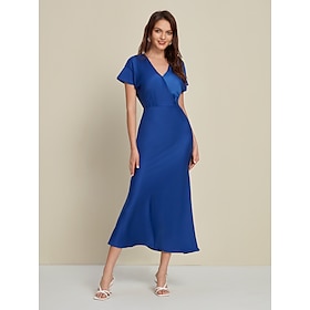 Blue Satin Party/Wedding Guest Bodycon Trumpet Mermaid Short Sleeve Backless Midi Dress dress to impress 2024