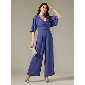 Chiffon Shirred Magyar Sleeve V Neck Jumpsuit