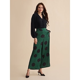 Pleated Long Sleeve Casual Deep V Shirt Polka Dot Pants Two Piece Set