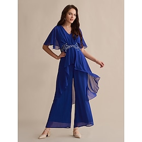 Royal Blue Chiffon Wedding Guest Sequin Embroidered Flare Cuff Sleeve V Neck Mother of the Bride Jumpsuit dress to impress 2024