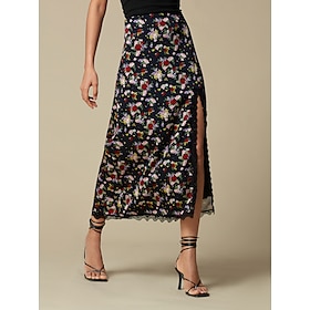 Satin Lace Trim Printed Terylene Midi Skirt