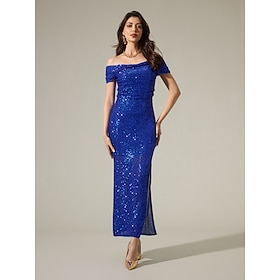 SequinBlue Ruched Off Shoulder Split Ends Maxi Dress