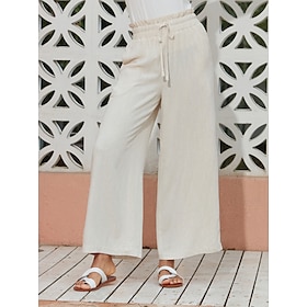 Women's Breathable Rayon Linen Beige Drawstring Straight Maxi Pants with Pockets