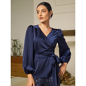 Satin Solid Casual Juliet Sleeve Tie Front Blouse