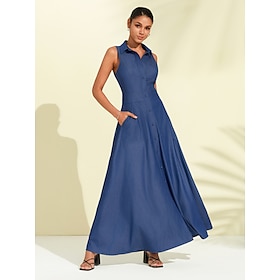 Women's Indigo Lapel Button Up Sleeveless Maxi Dress