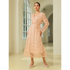 Sequin Peach Fuzz Embroidery Belted Midi Dress