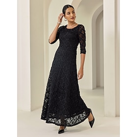 Women's Black Dress Lace Dress Little Black Black 3/4 Length Sleeve Solid Color Lace Spring Fall Cross-Seasons Elegant Party S M L